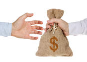 Main thumb hand giving money bag isolated white background 33837164